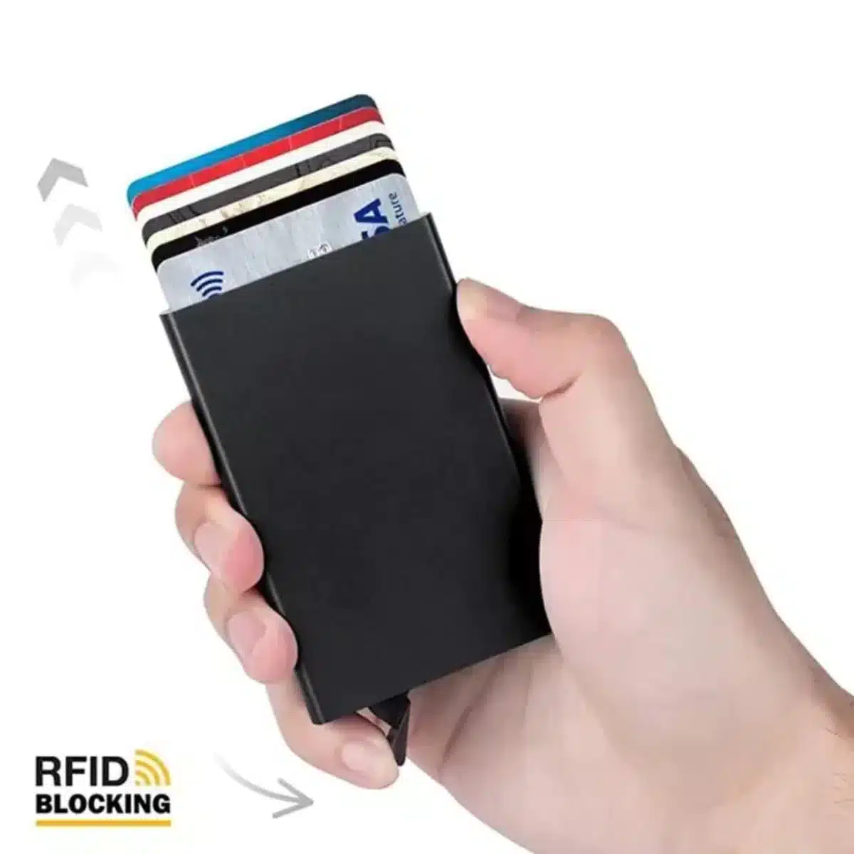 Korttikotelo johon mahtuu viisi korttia ja siinä on RFID suojan antava alumiininen kuori.